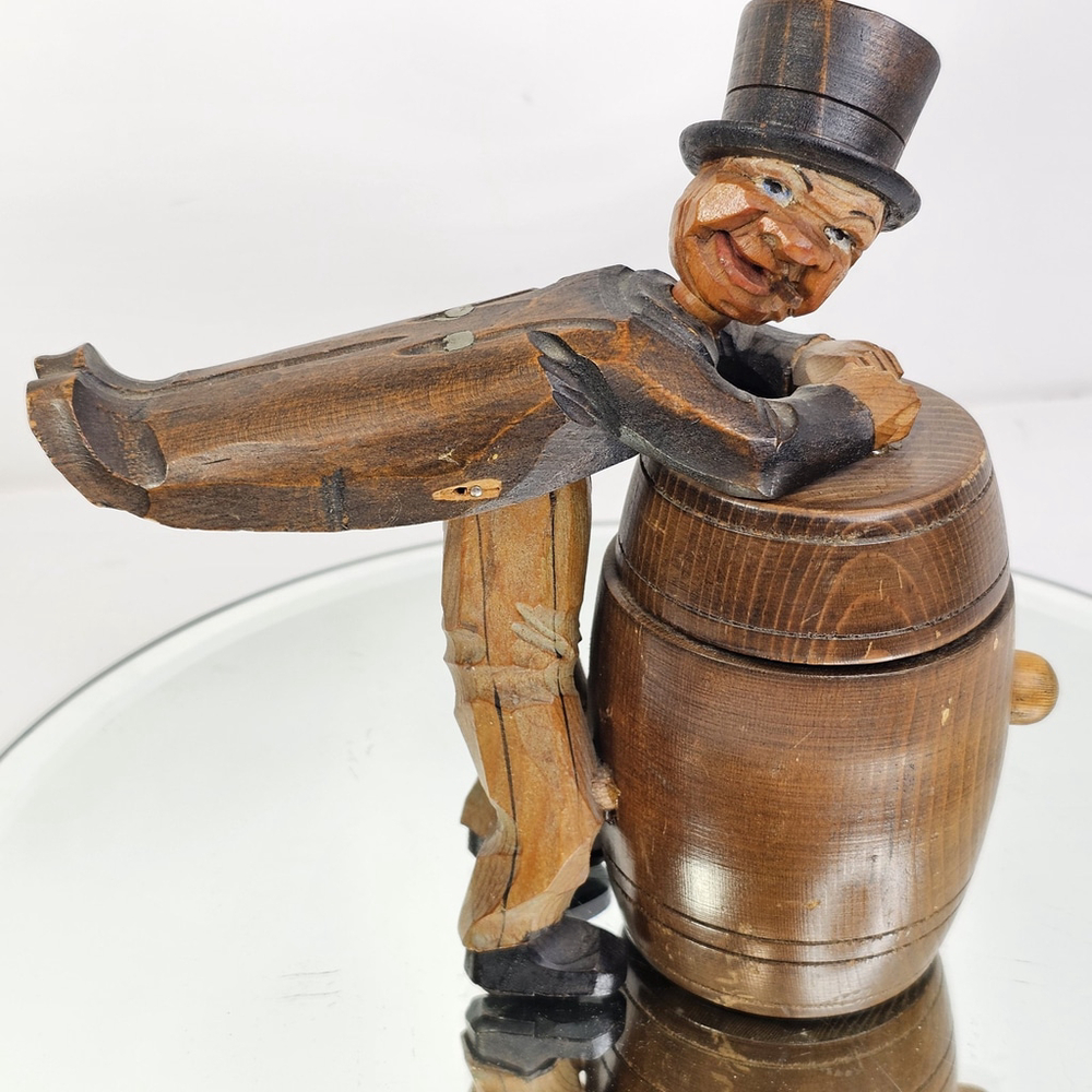 ANRI Wood Carved Cigarette or Match holder Tipped over a Barrel or Keg - Vintage